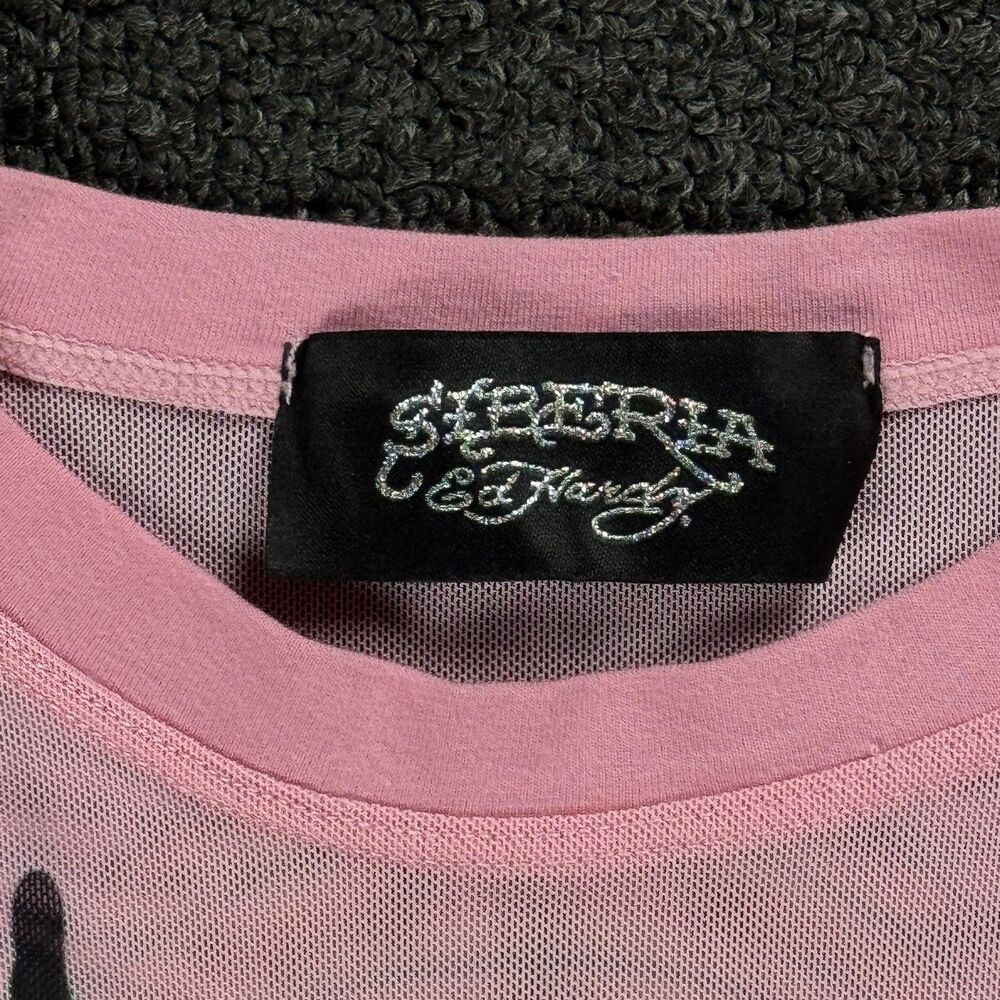 Ed Hardy X Siberia Halls Pink Mesh Tattoo Long Sleeve Top Size Sm Y2K Sheer - Picture 12 of 15